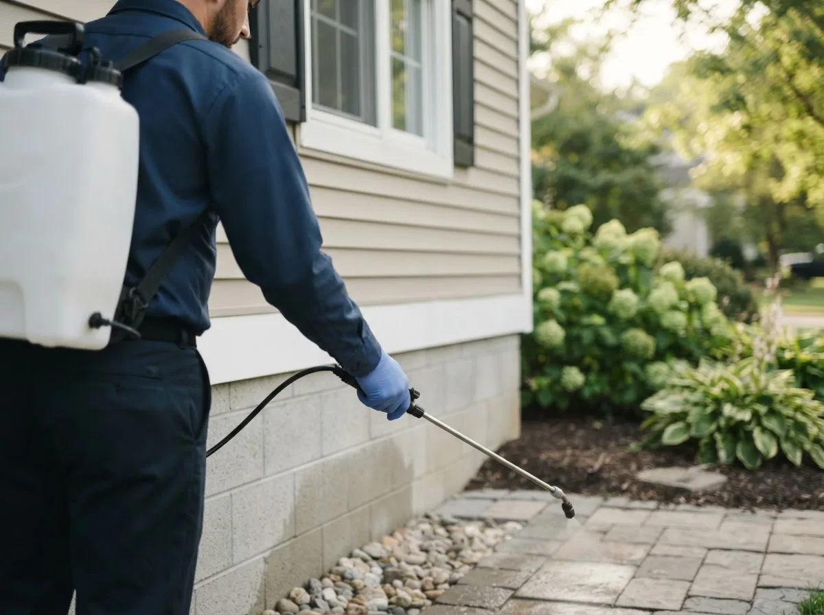 Pest control technician inspecting a home in Hiram, OH